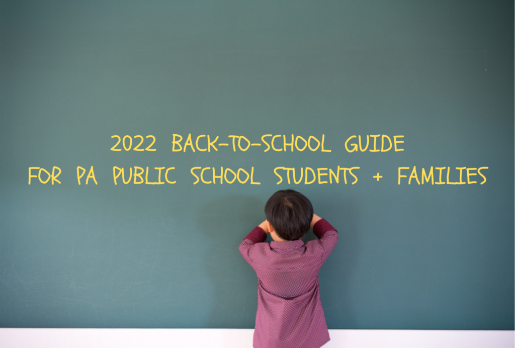 boy in front of blackboard that says 2022 back to school guide for pa public school students and parents