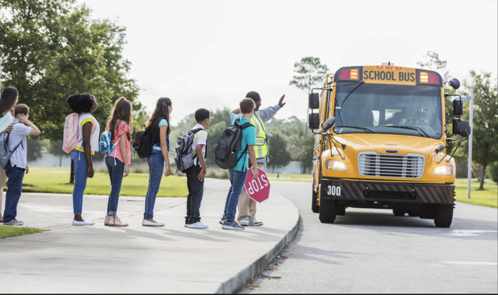 decorative, students boarding a bus