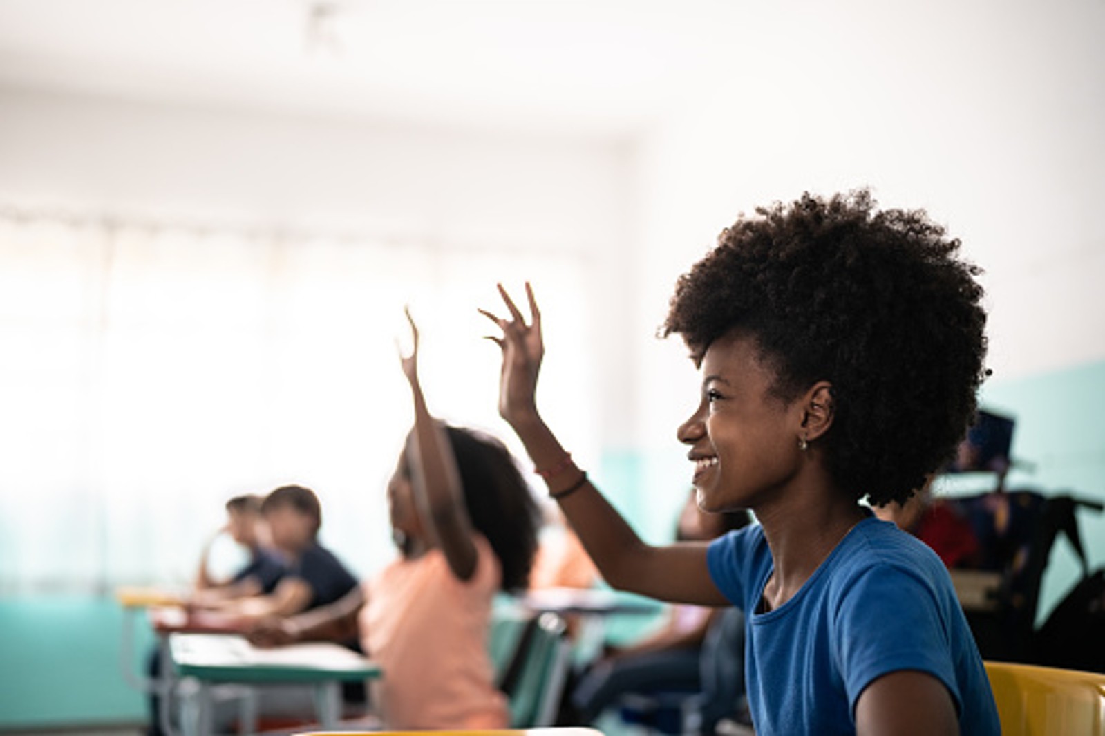 decorative, students raising hands